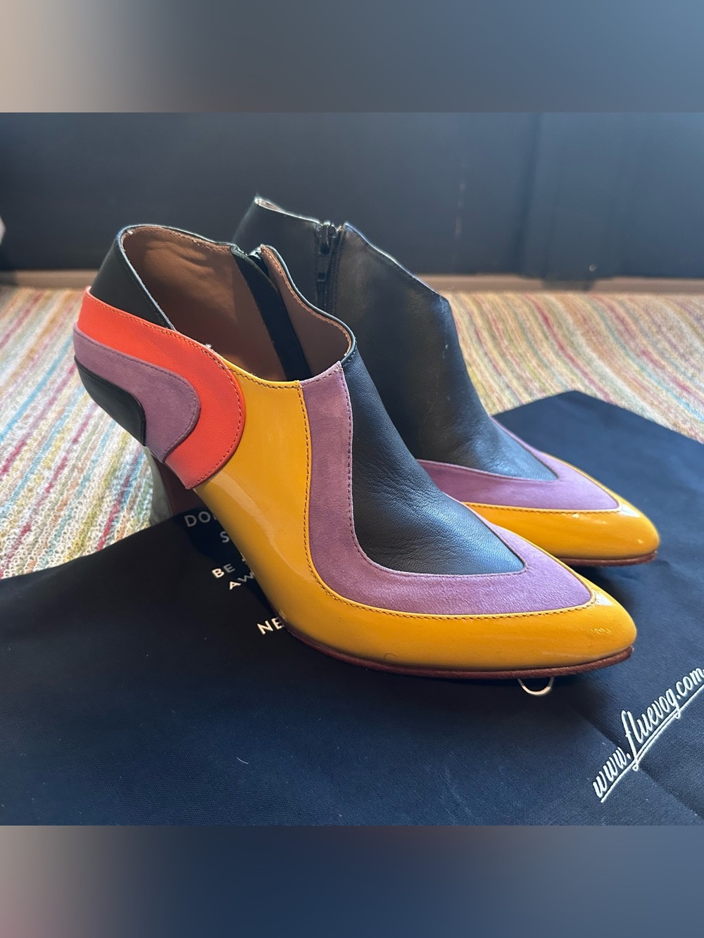Fluevog LIKE NEW Poser Edie bold colorblock patent/suede/leather bootie- 7.5